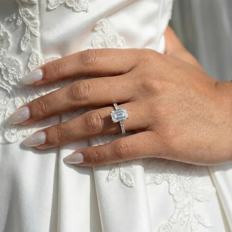 Best Offer For Engagement Ring ! Emerald Cut Lab Grown Diamond 14k White Gold