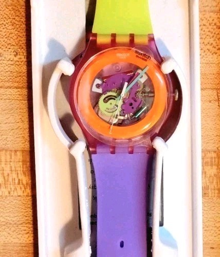 NEW✅ Swatch Dip In Color Orange Skeleton Dial Yellow and Purple Silicone Watch