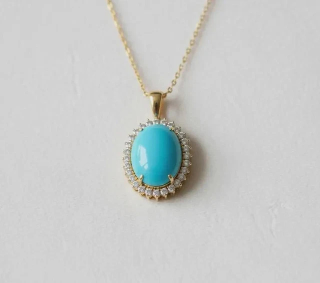 Oval Cut Lab Created Turquoise Womens Pendant 14K Yellow Gold Plated with Chain