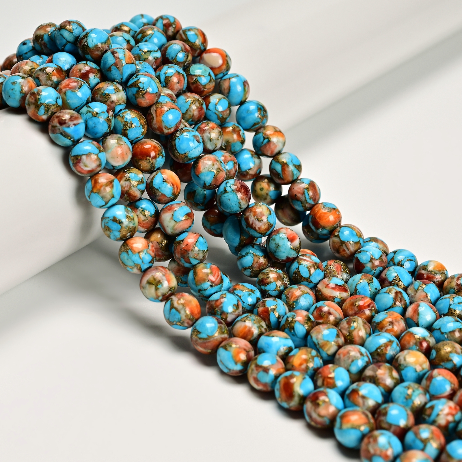 Natural Spiny Oyster Mohave Copper Turquoise Smooth Round Beads 8mm 15.5”Strand