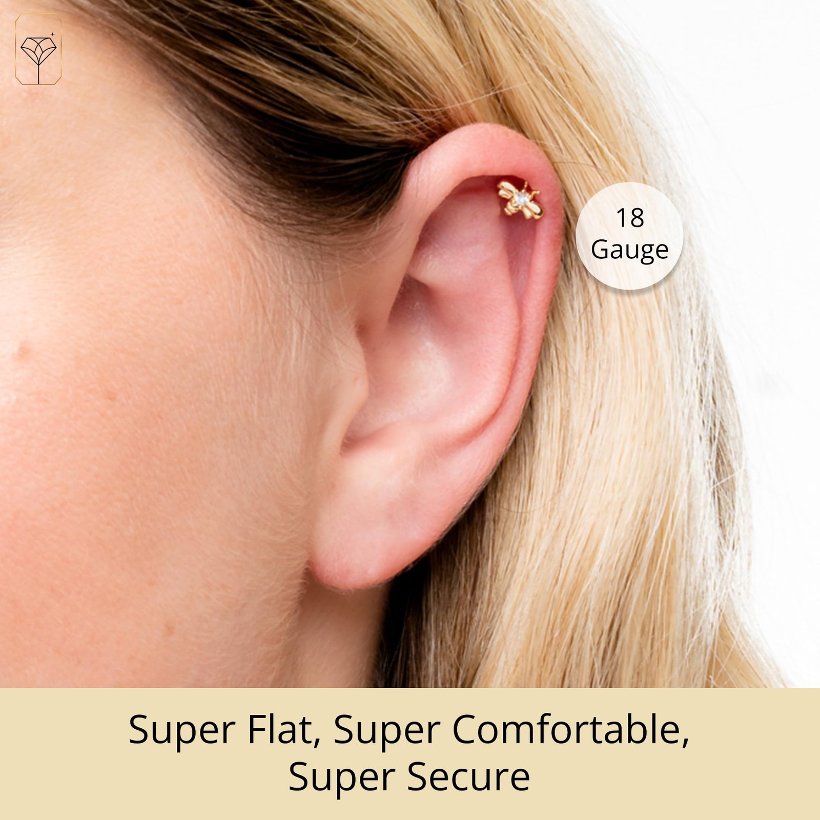 Solid 14K Gold Single Comfy Flat Back Cartilage Bee Stud Earrings
