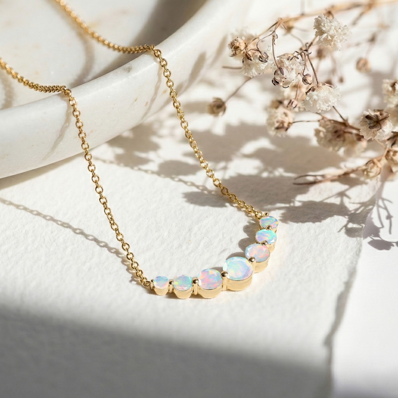 White Fire Opal Gemstone Bar Necklace, AAA White Opal Gemstone Chain Pendant