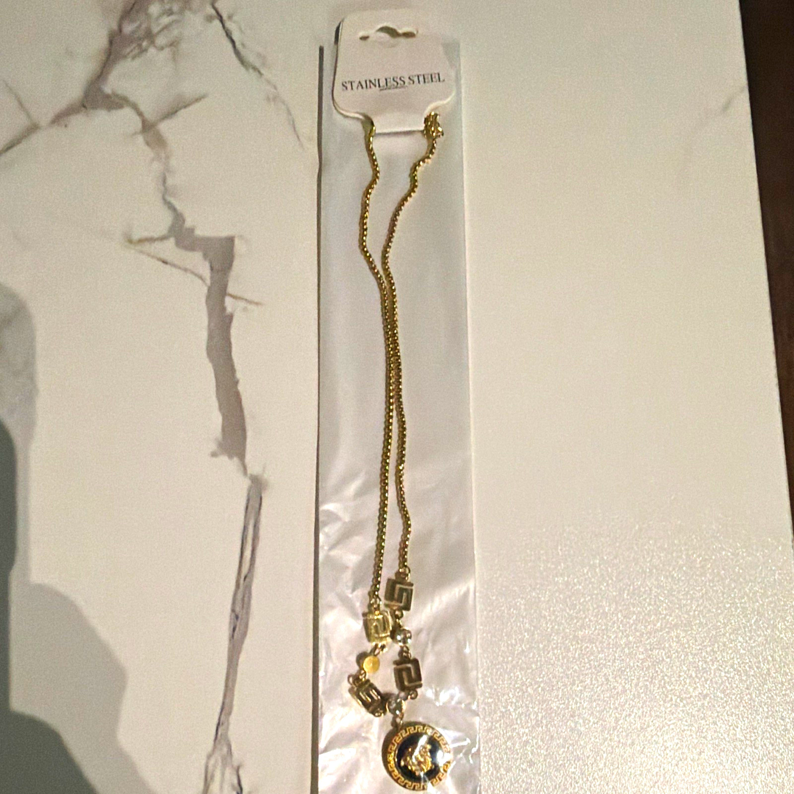 Gold Tone Stainless Steel Snake Chain Round Charm Crystal Pendant Necklace 18in