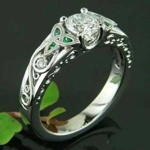 Art Deco Style Round Cut Lab Created Diamond Engagement 14K White Gold FN Ring