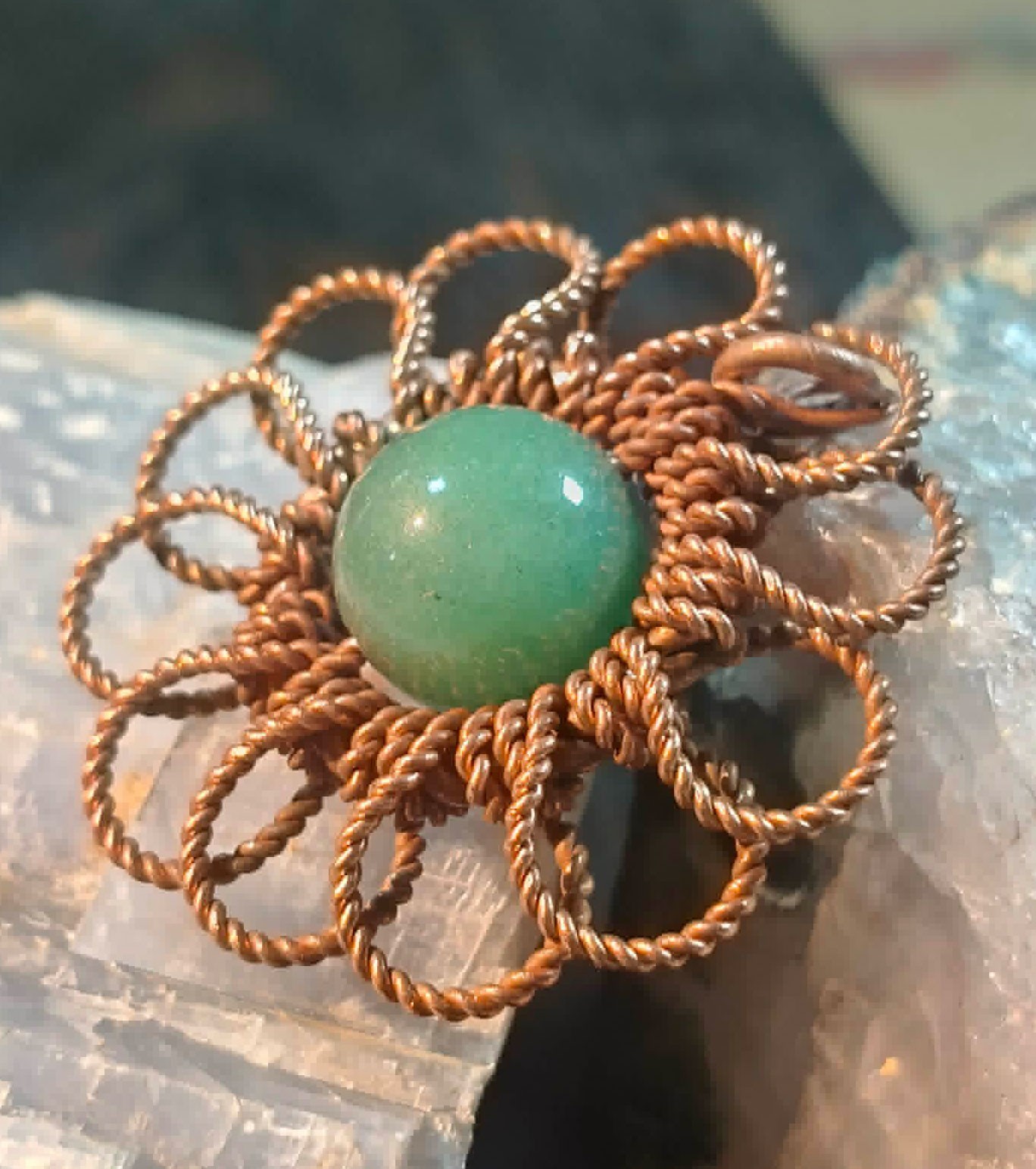 Flower Pendant Daisy Copper Wire Wrapped Green Aventurine Lucky Jewelry #PM4