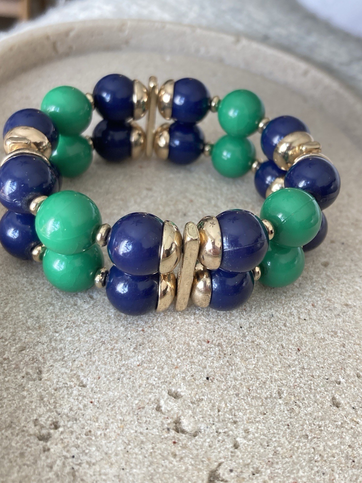 Chunky Beaded Stretch Bracelet Blue Green Gold Tone Preppy Statement Nautical