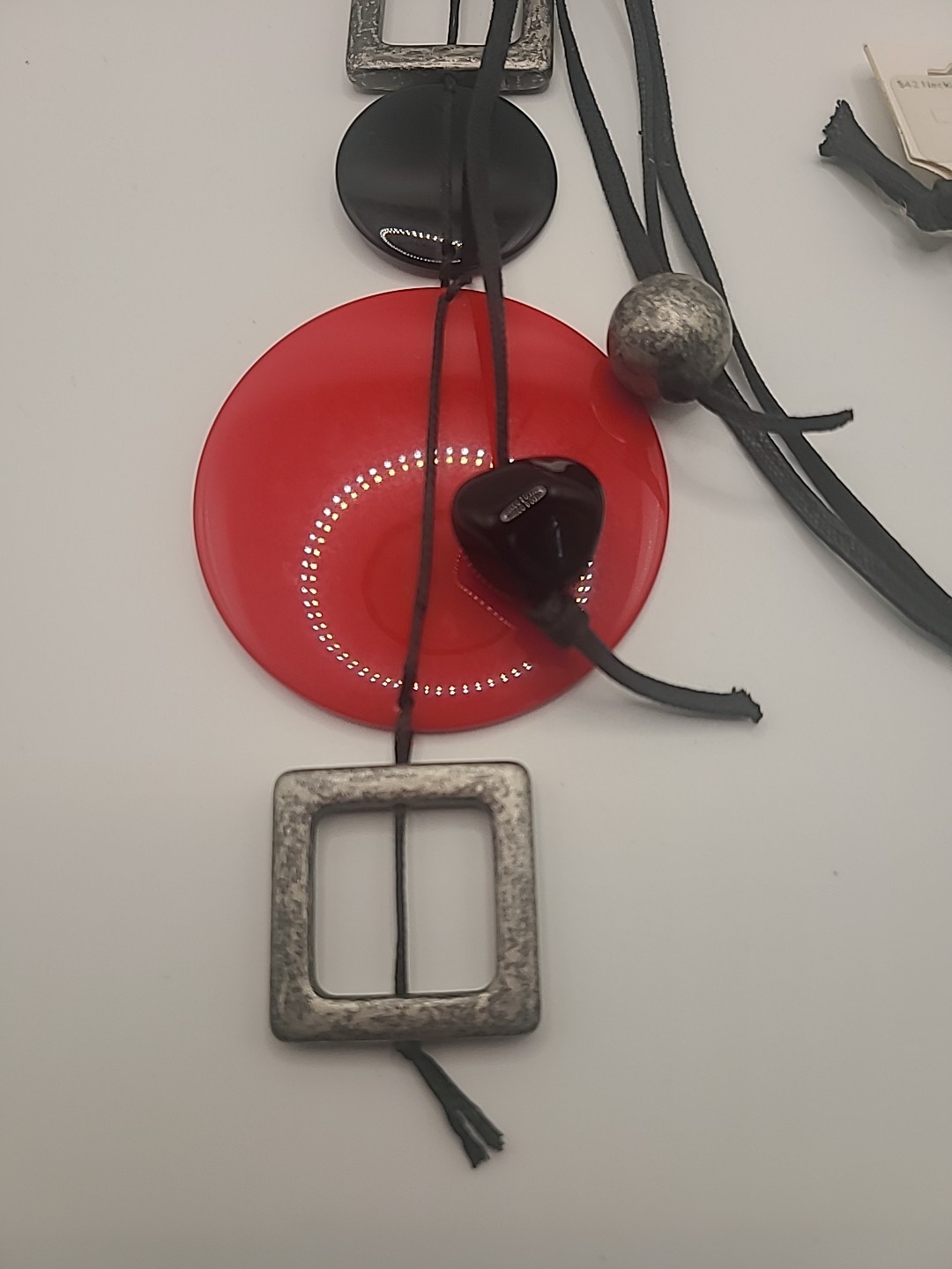 Alisha D Marked Black Red Gunmetal Geo Shapes Statement Necklace Italy $48 Tag