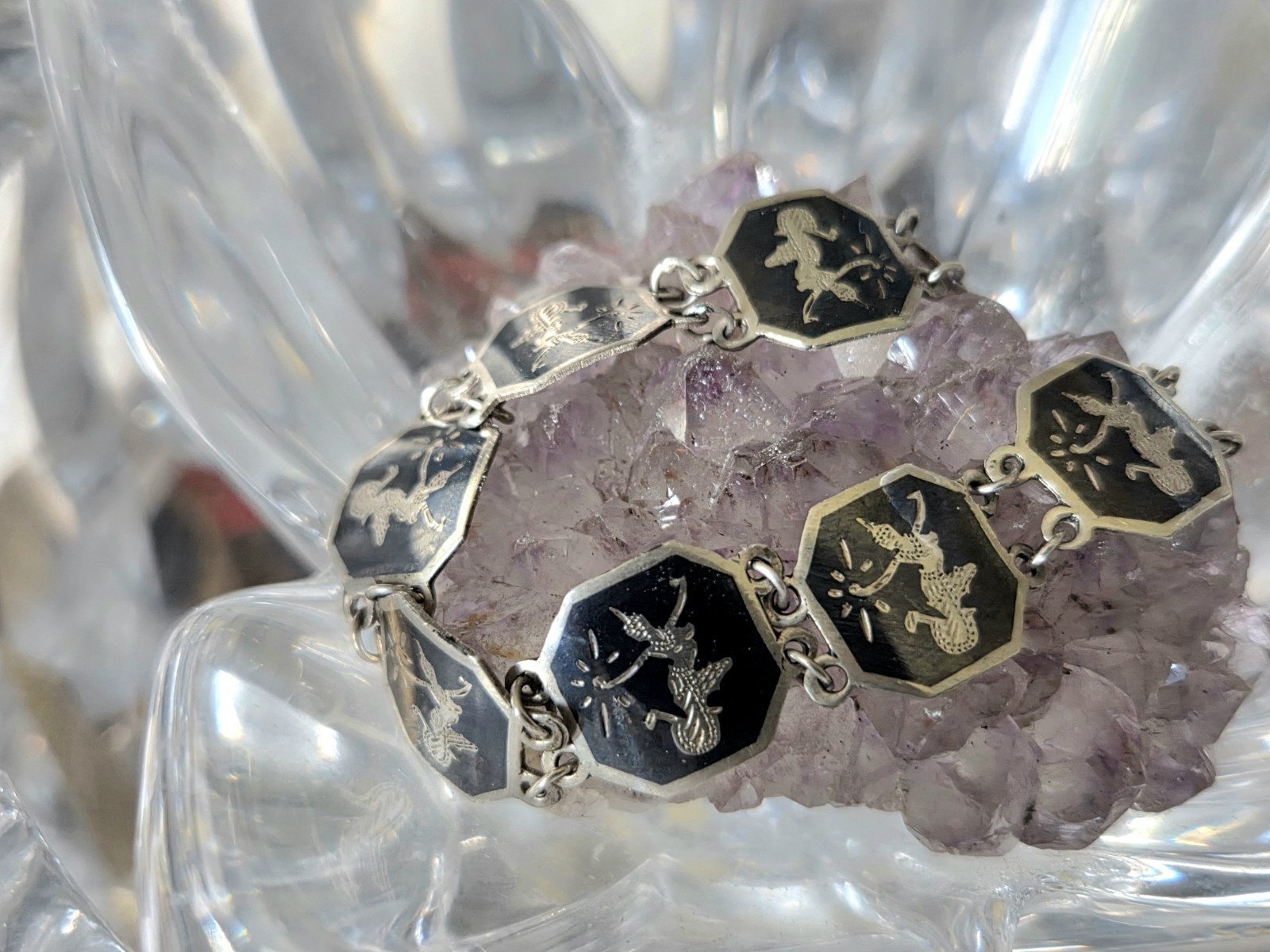 Vintage 925 Sterling Silver 40s Siam Black Enamel Dancer Goddess Bracelet 7.5in
