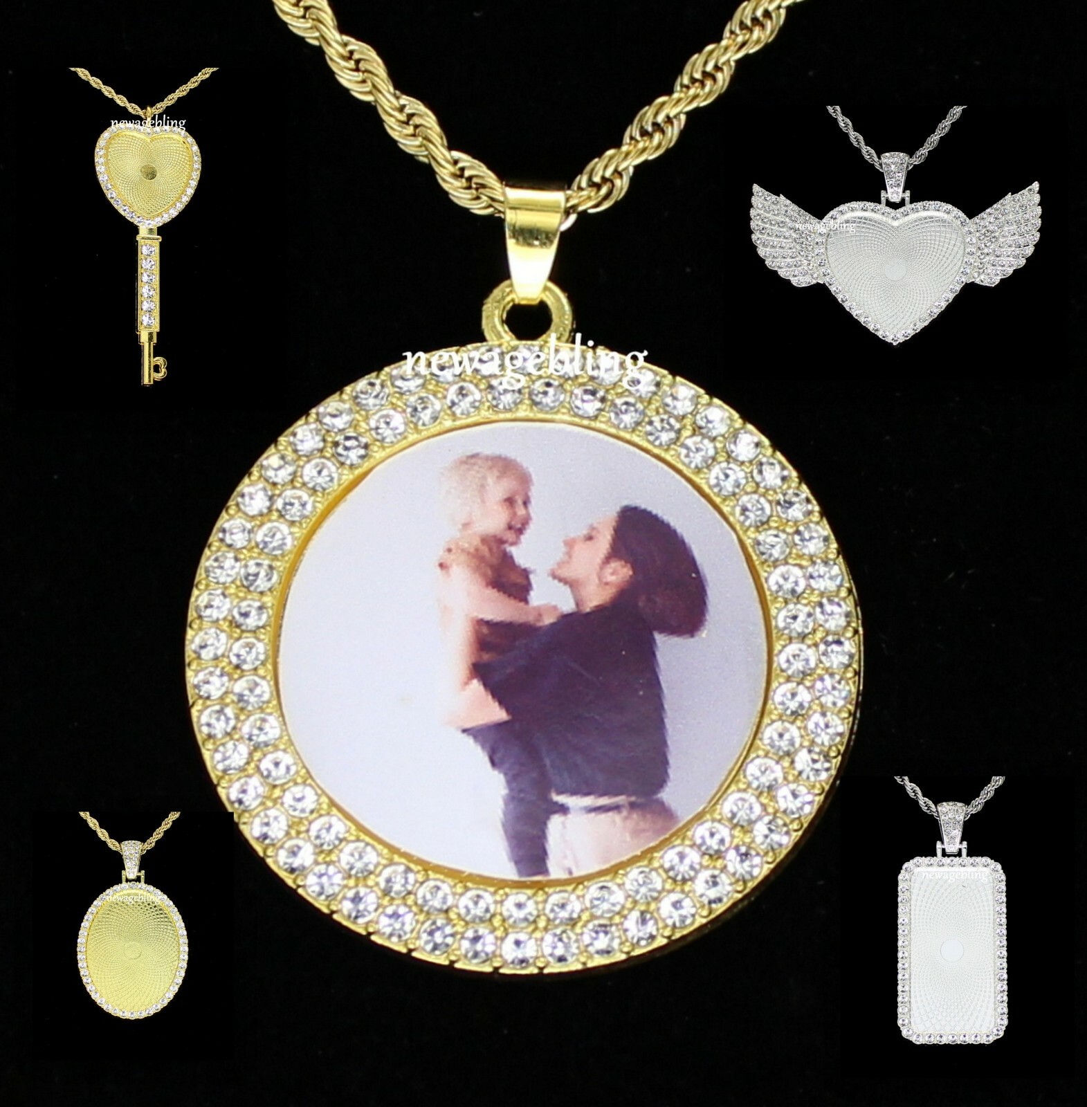 CZ Photo Pendant 14k Gold Plated Stainless Steel Rope Chain Picture Included