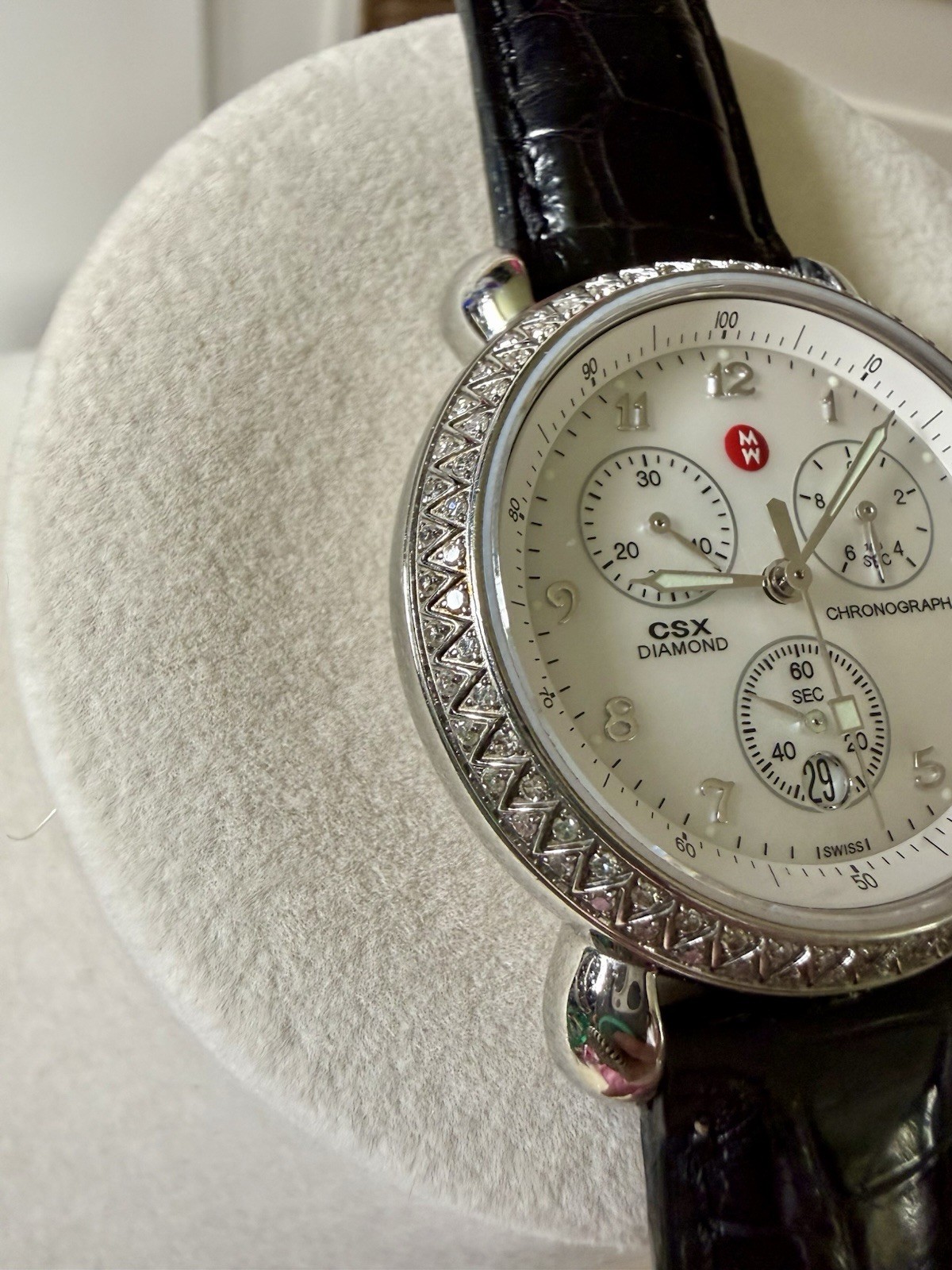Michele CSX Diamond Chronograph Date White Dial 33mm Black Leather 5 ATM