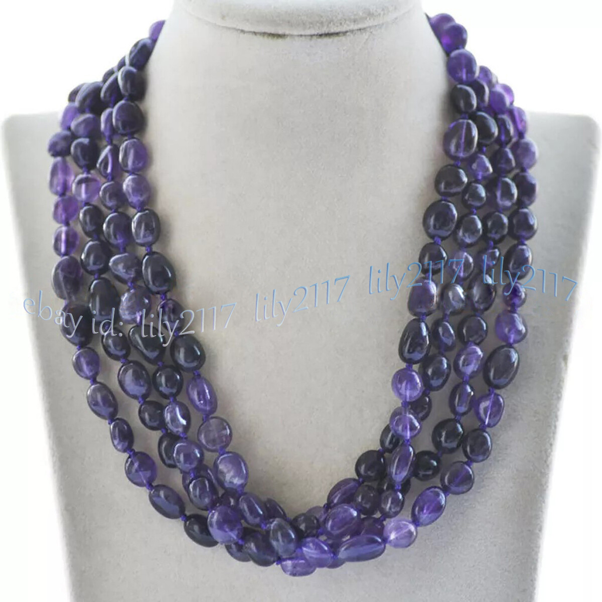 4 Rows 8-10mm Purple Amethyst Irregular Freeform Gemstone Beads Necklace 18”