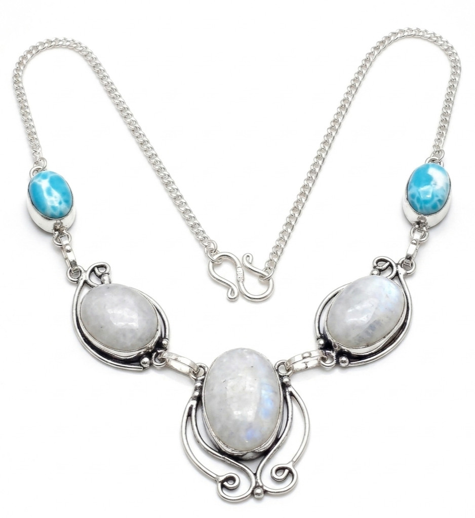 Genuine Moonstone, Larimar Necklace 925 Sterling Silver Women Gift Jewelry S-18