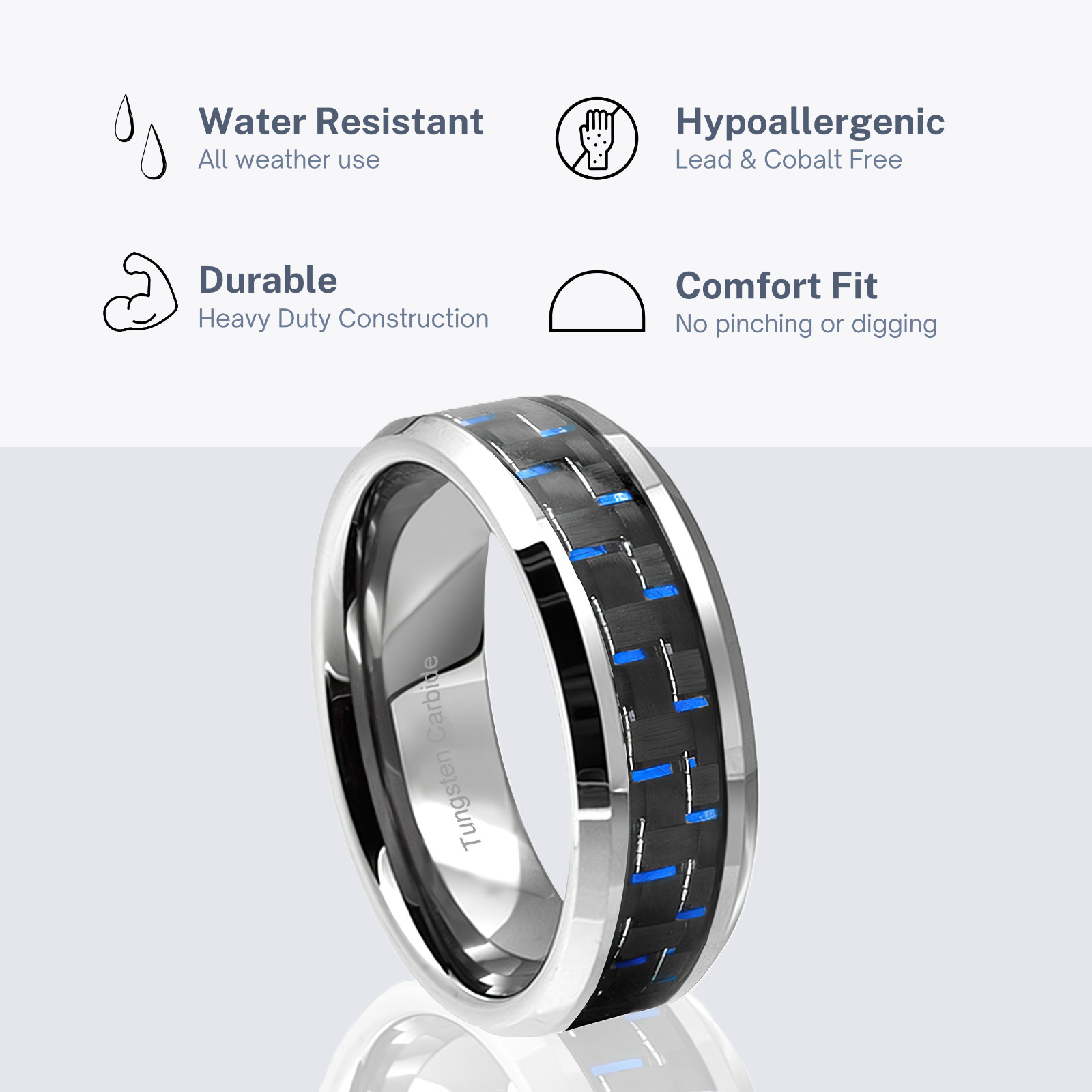 Tungsten Carbide Blue Black Carbon Fiber Ring Men Engagement Wedding Band Silver