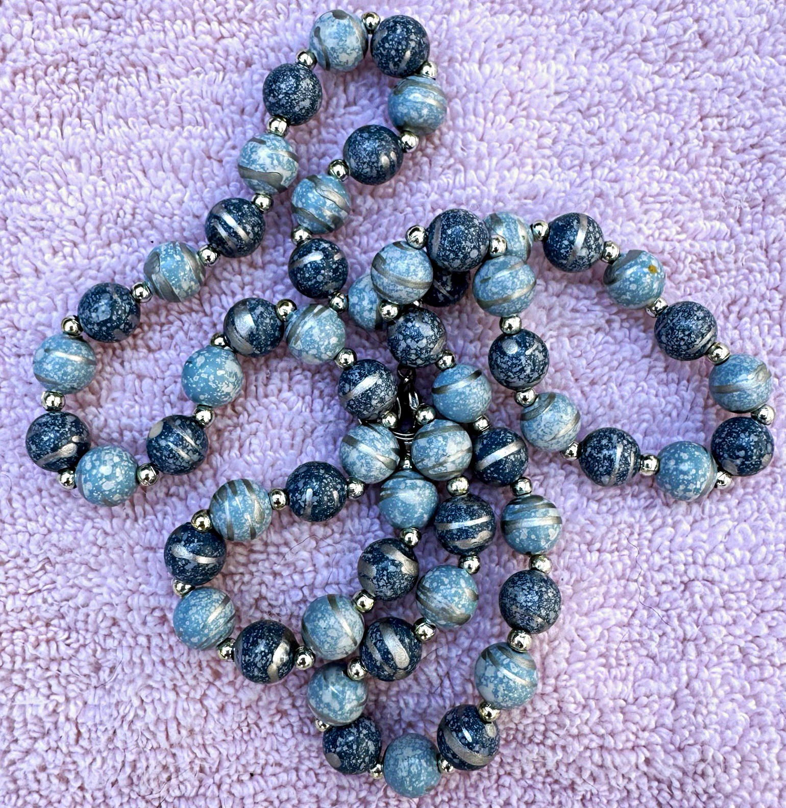 Gray & Blue Round Stone Beaded Necklace Ball/Bead Chain Statement Style