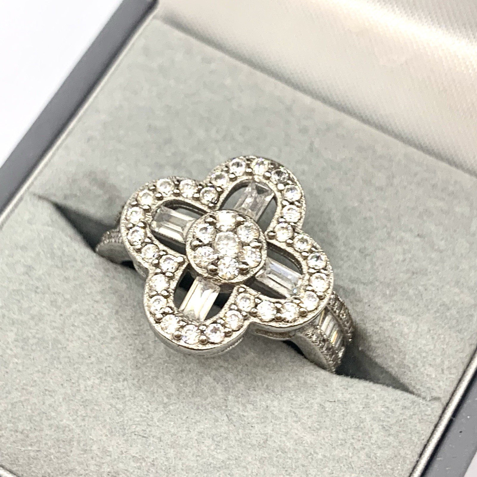 CZ Cluster 925 Sterling Silver Ring Ornate Flower Round Baguette Cut – Size P