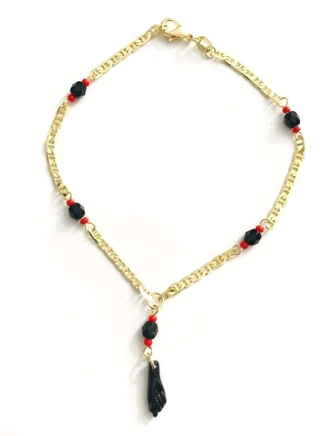 18K GOLD FILLED AZABACHE ANKLET 10″ / TOBILLERA MANO AZABACHE 10″ – A22