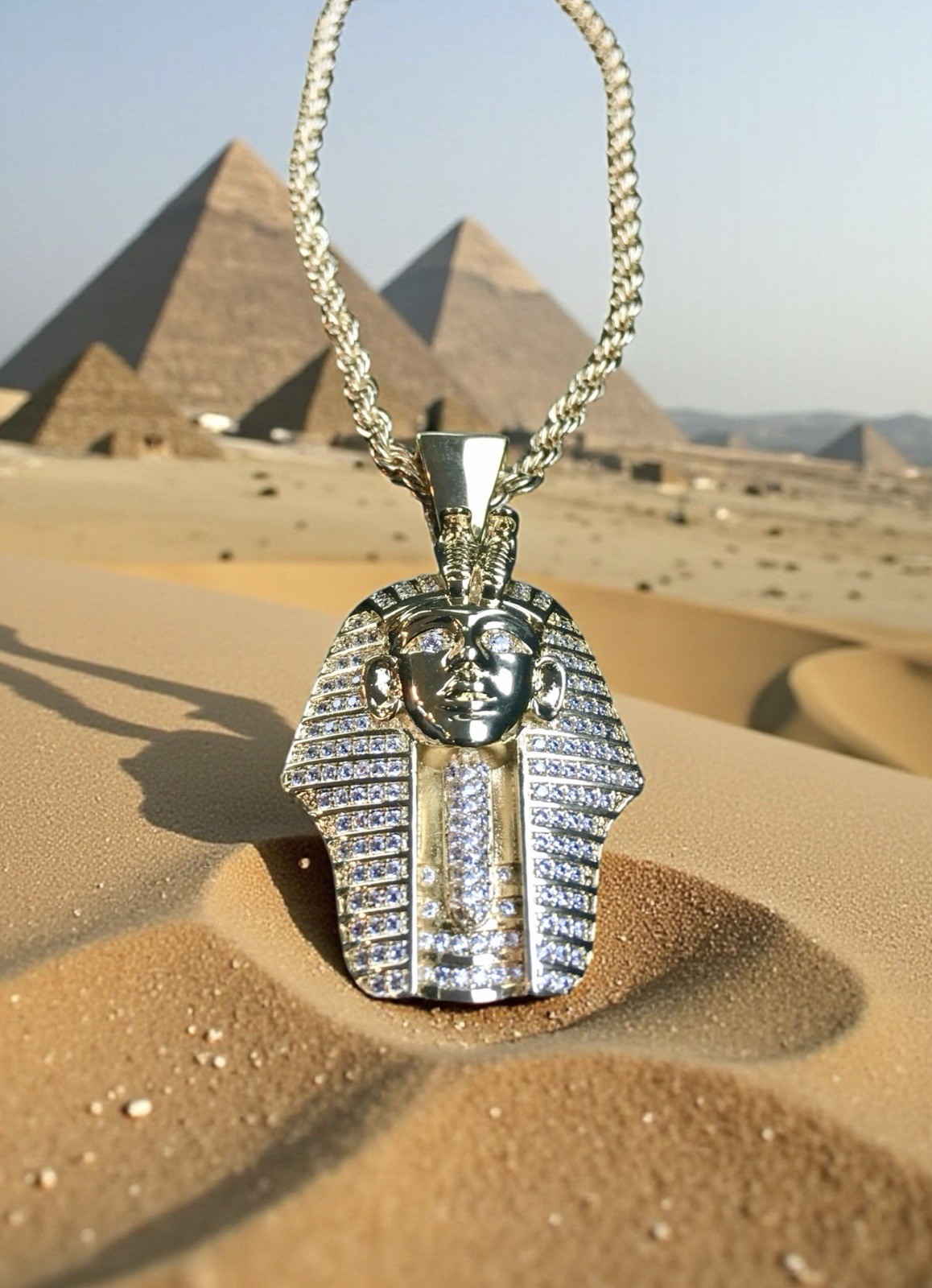 18K GOLD ROPE 24” CHAIN EGYPTIAN PHARAOH LAB DIAMONDS NECKLACE **MADE IN ITALY**