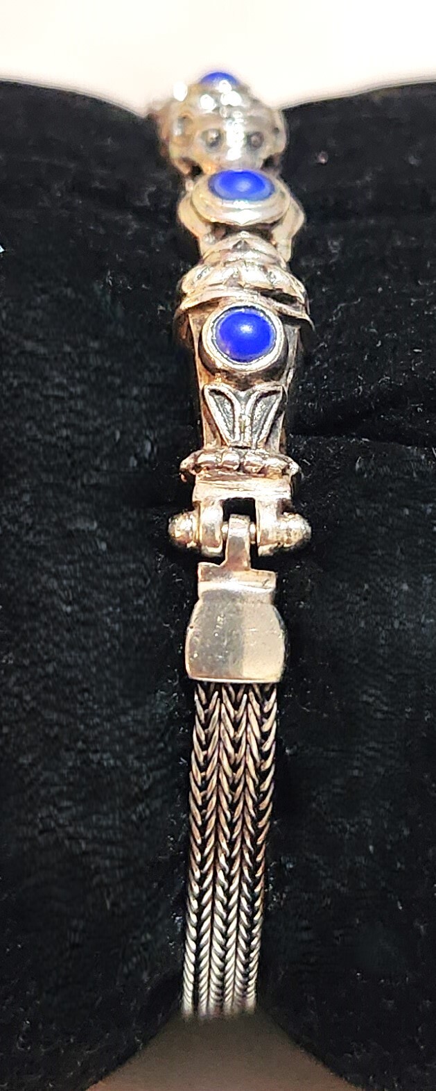 Sterling Silver Lapis Lazuli 3 Stone 4mm Wheat Chain 7 In Bracelet Signed OA 925