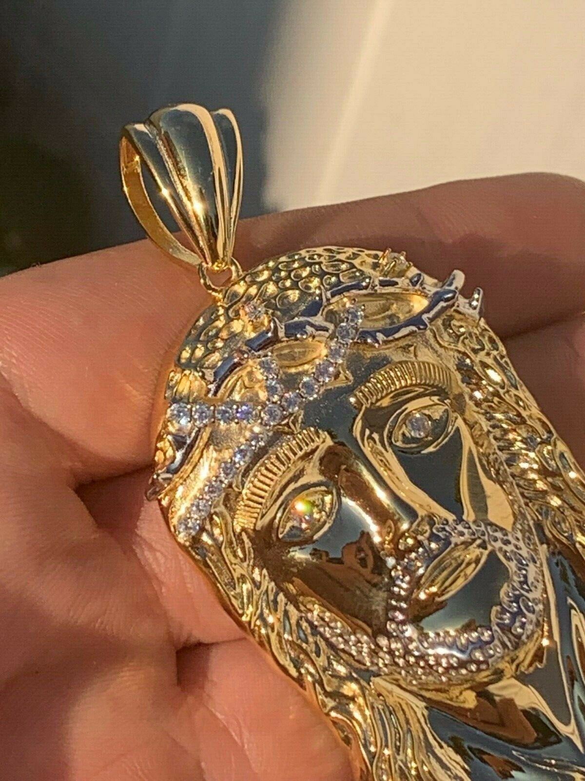 Solid 925 Silver 14k Gold Plated Jesus Piece ITALY Necklace HIP HOP Real Iced