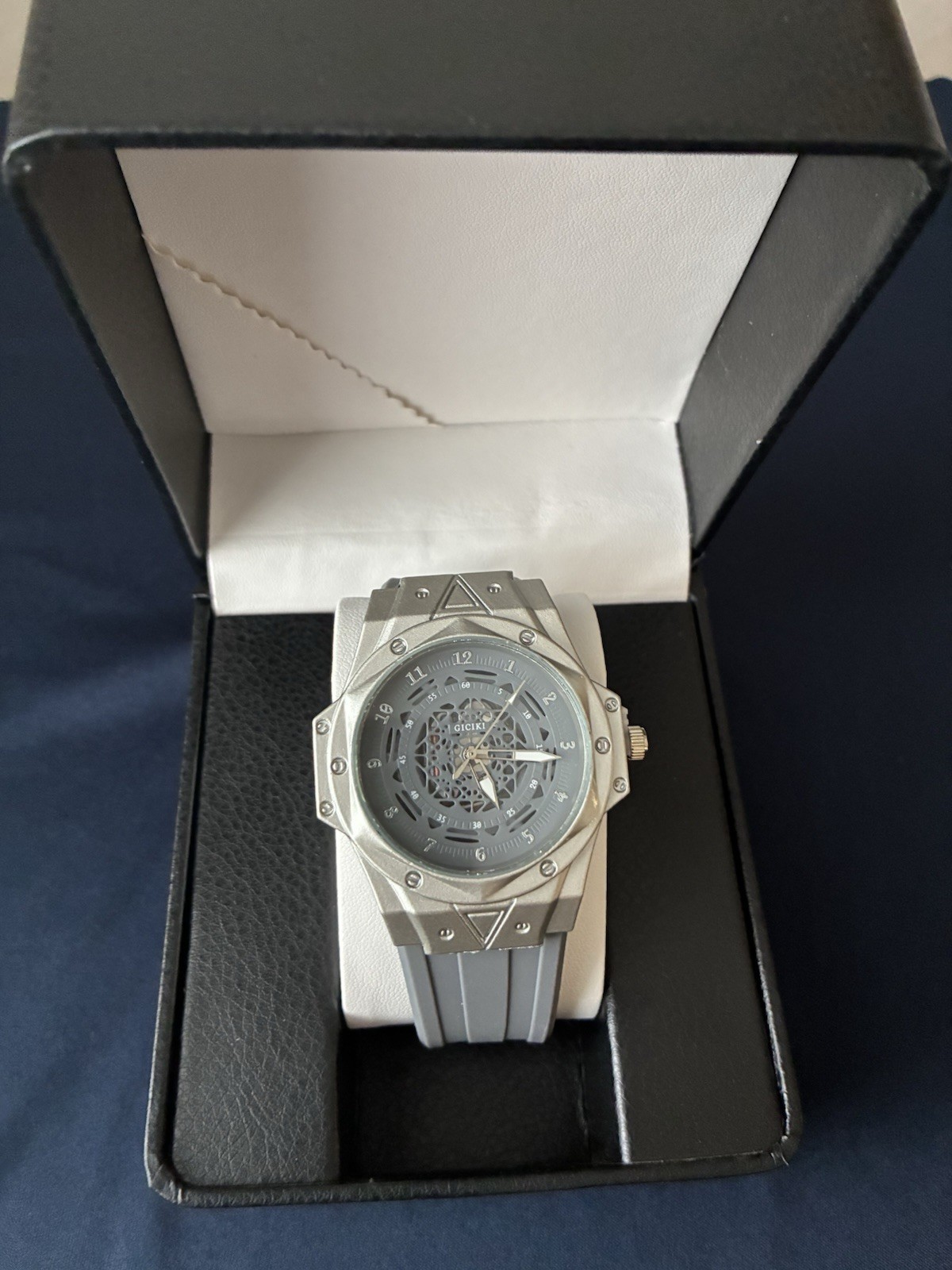 GICIKI Gray Skeleton Dial Quartz Watch Silver Case Gray Rubber Strap Box