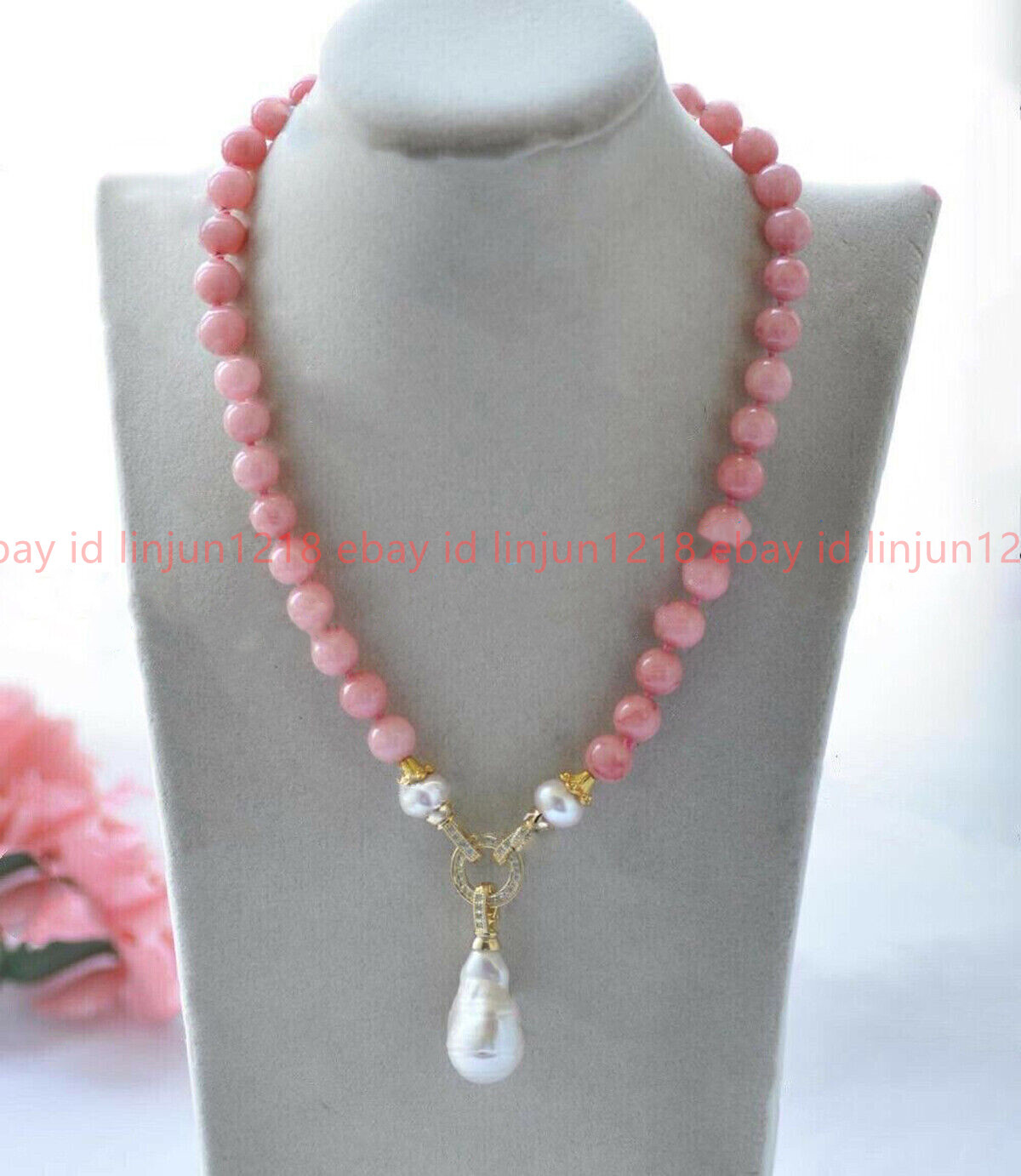 Natural Pink Rhodochrosite Round Gems White Keshi Baroque Pearl Pendant Necklace