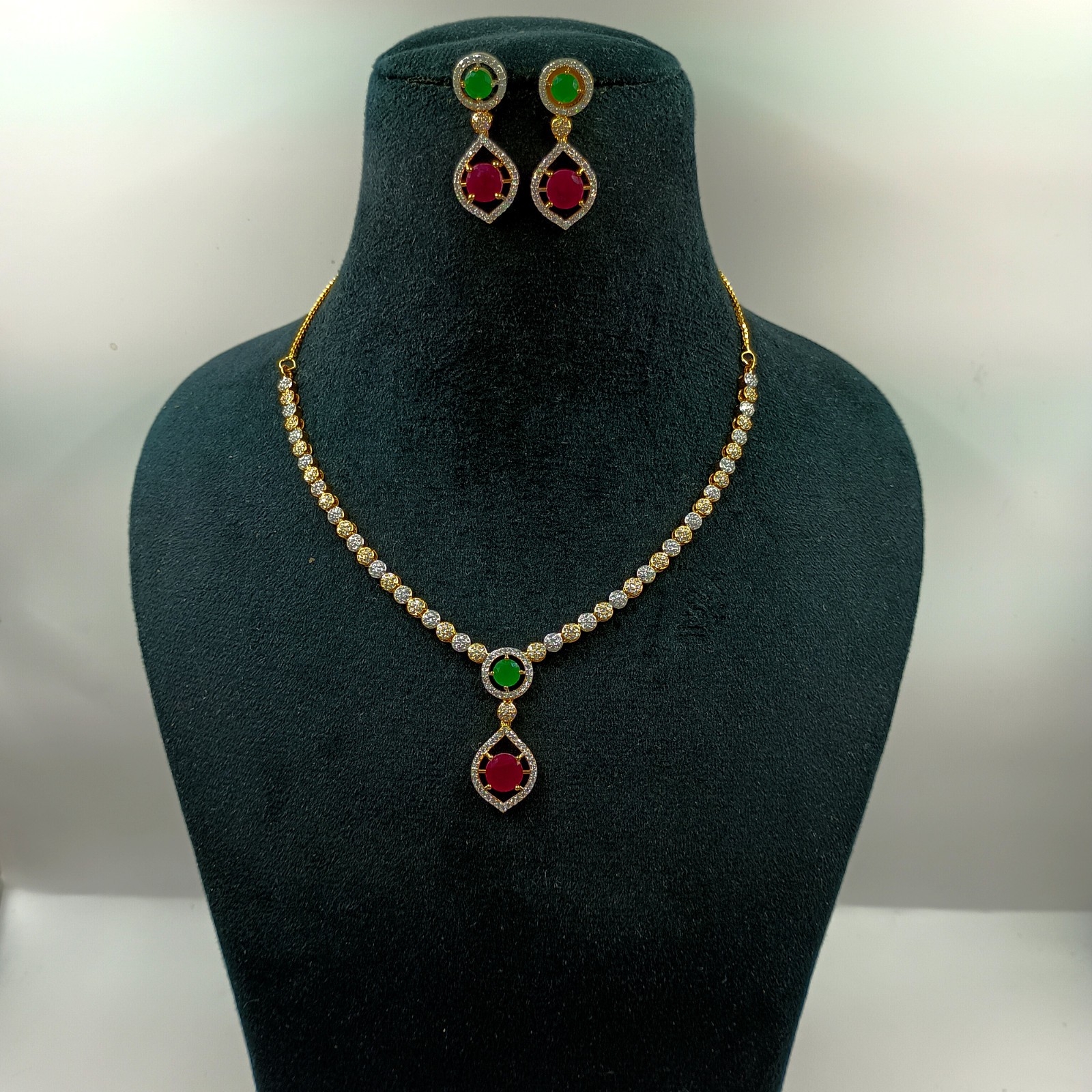 Round Stone Ruby Emerald Necklace Set 22k Gold Plated South Indian Jewelry