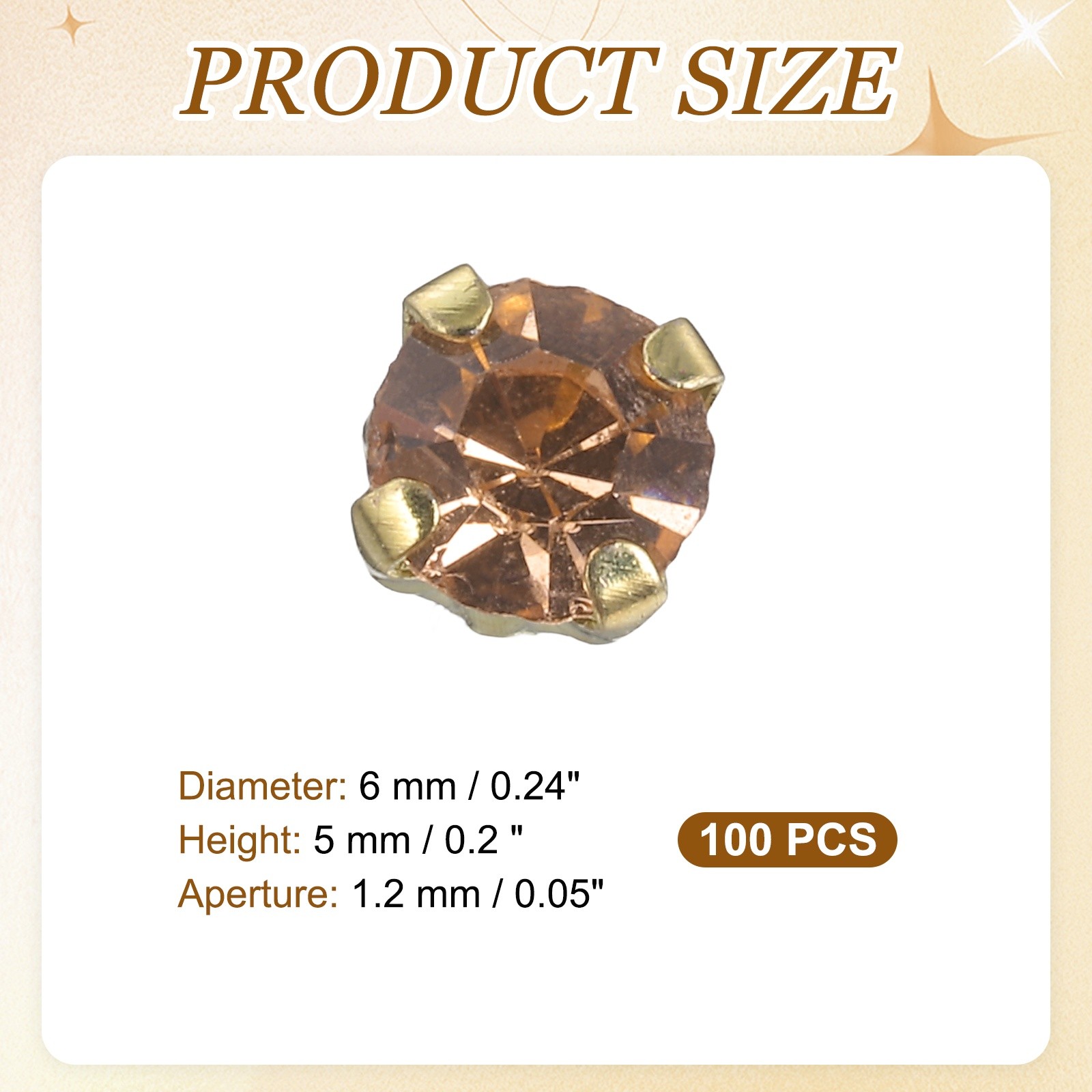 100 Pcs Sew on Rhinestones, 6 mm / 0.24 Inch Diameter, Champagne