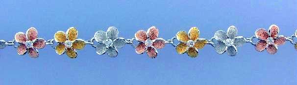 8.5mm Hawaiian Rhodium TriColor 14k GP On 925 Silver Plumeria CZ Bracelet 7-7.5″