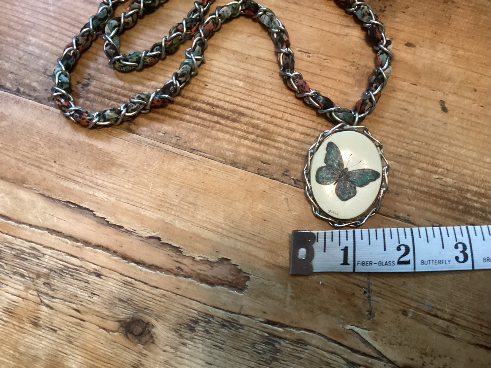 Butterfly Scrimshaw Hand Engraved Necklace Pendant & Fiber Woven Chain