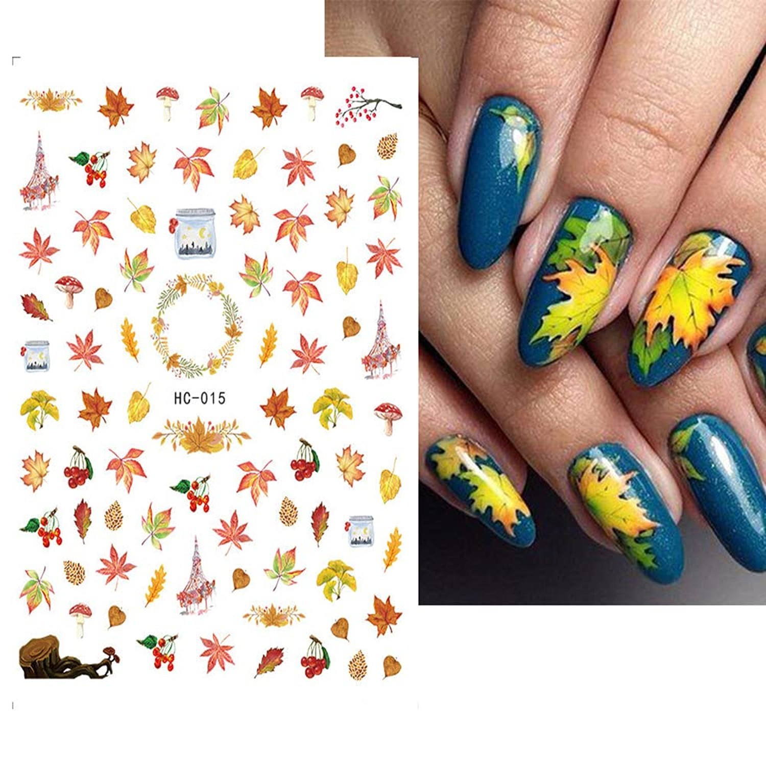 Fall Nail Stickers, 3D Self-Adhesive Autumn Nail Decals Maple Leaf Nail Art D…