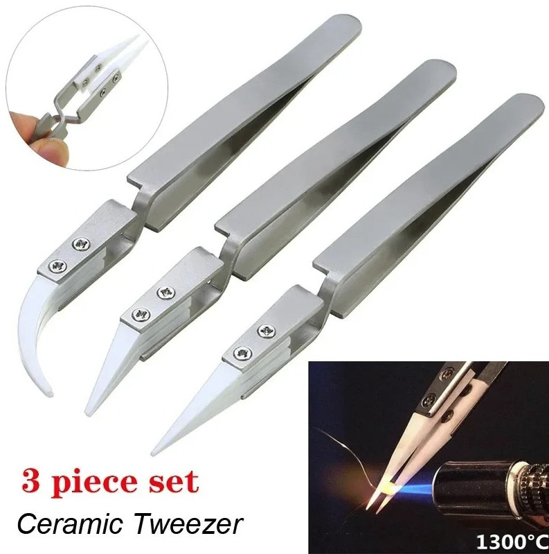 3pcs Ceramic Tip Soldering Tweezers Anti-Static Precision Electronic Tool Set