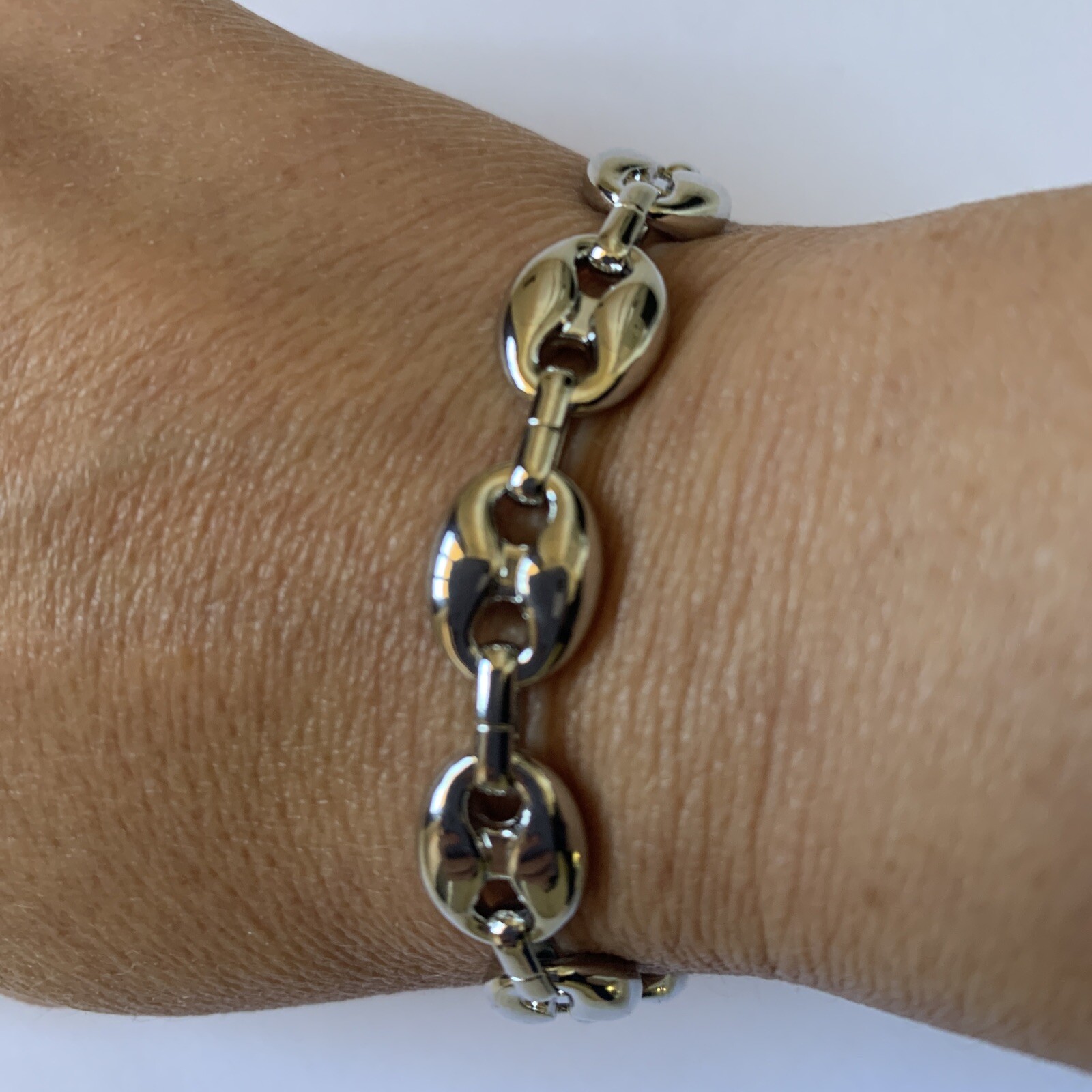 14k White gold Plated Puffy Puffed Anchor Mariner Link Chain Bracelet 1cm thick