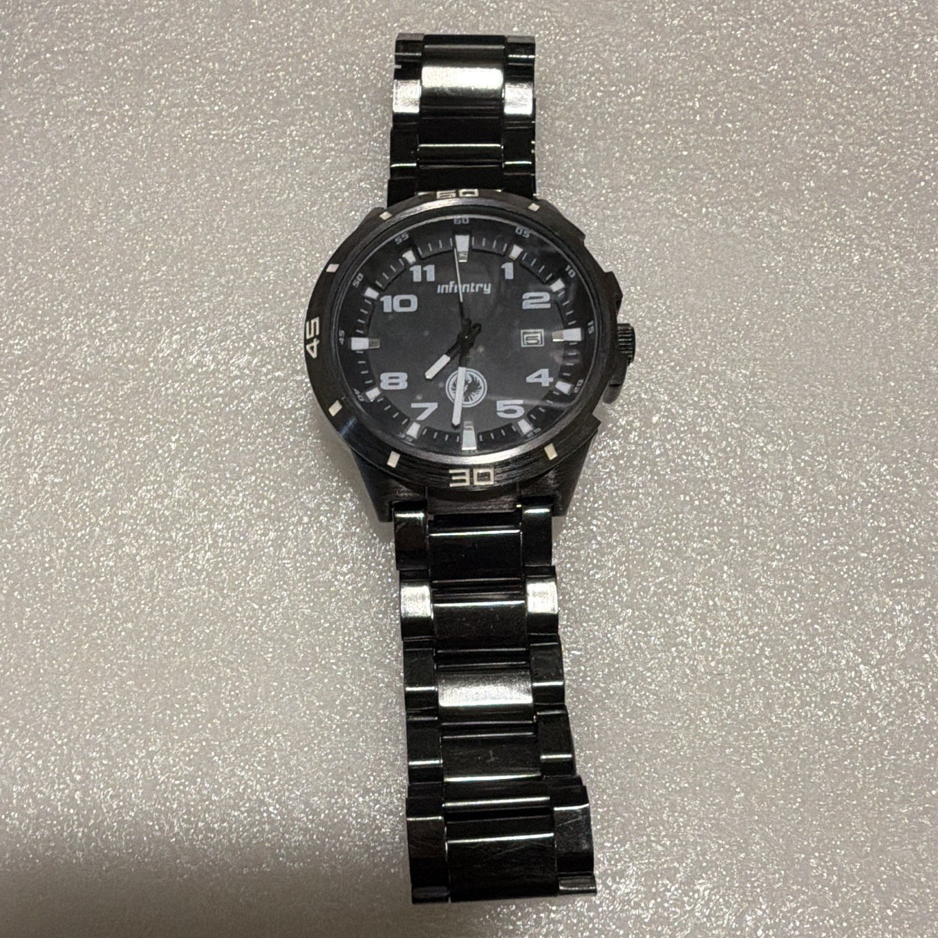 Infinity Quartz 44mm Black Dial Date Analog Stainless Steel Bracelet Watch