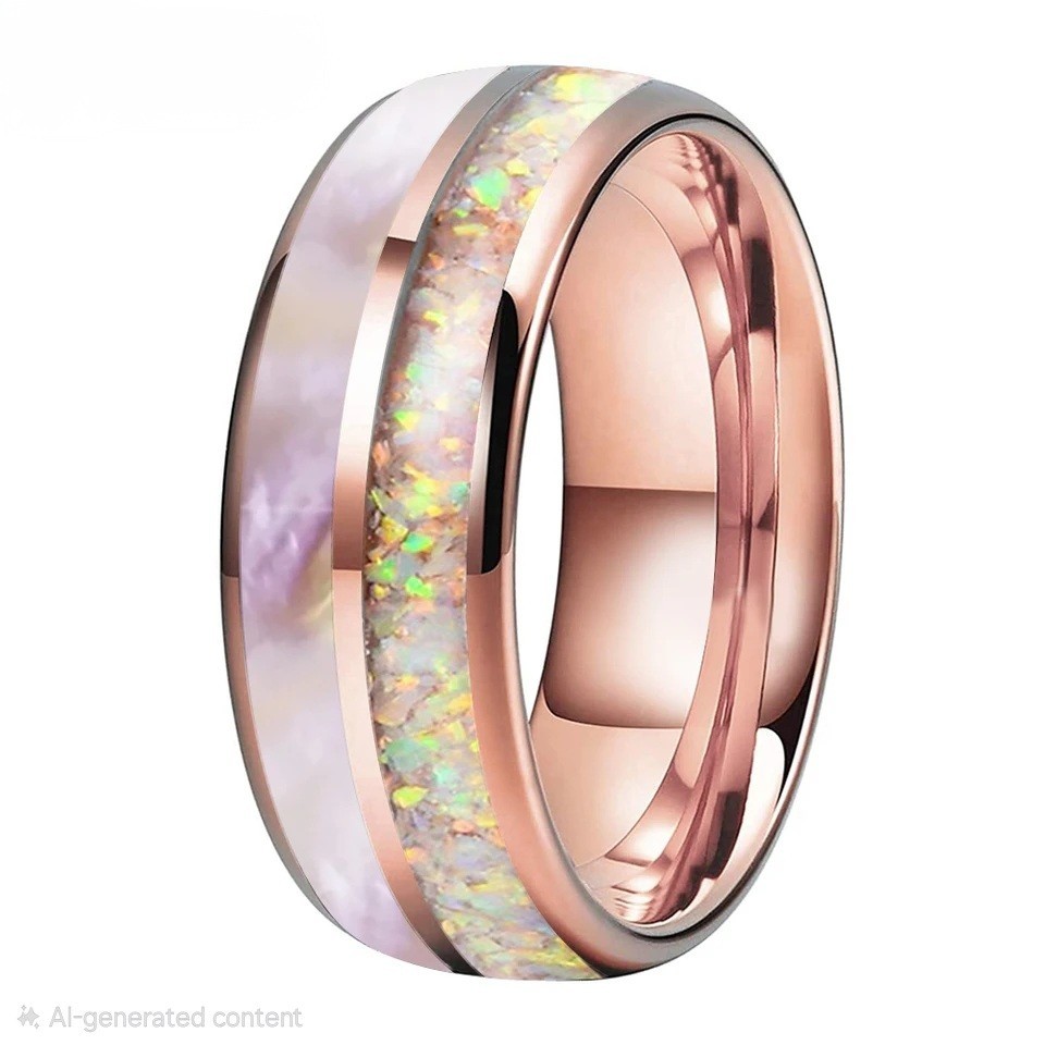 6/8MM Tungsten Carbide Pink Abalone Shell And Pink Opal Inlaid Dome Polish Ring