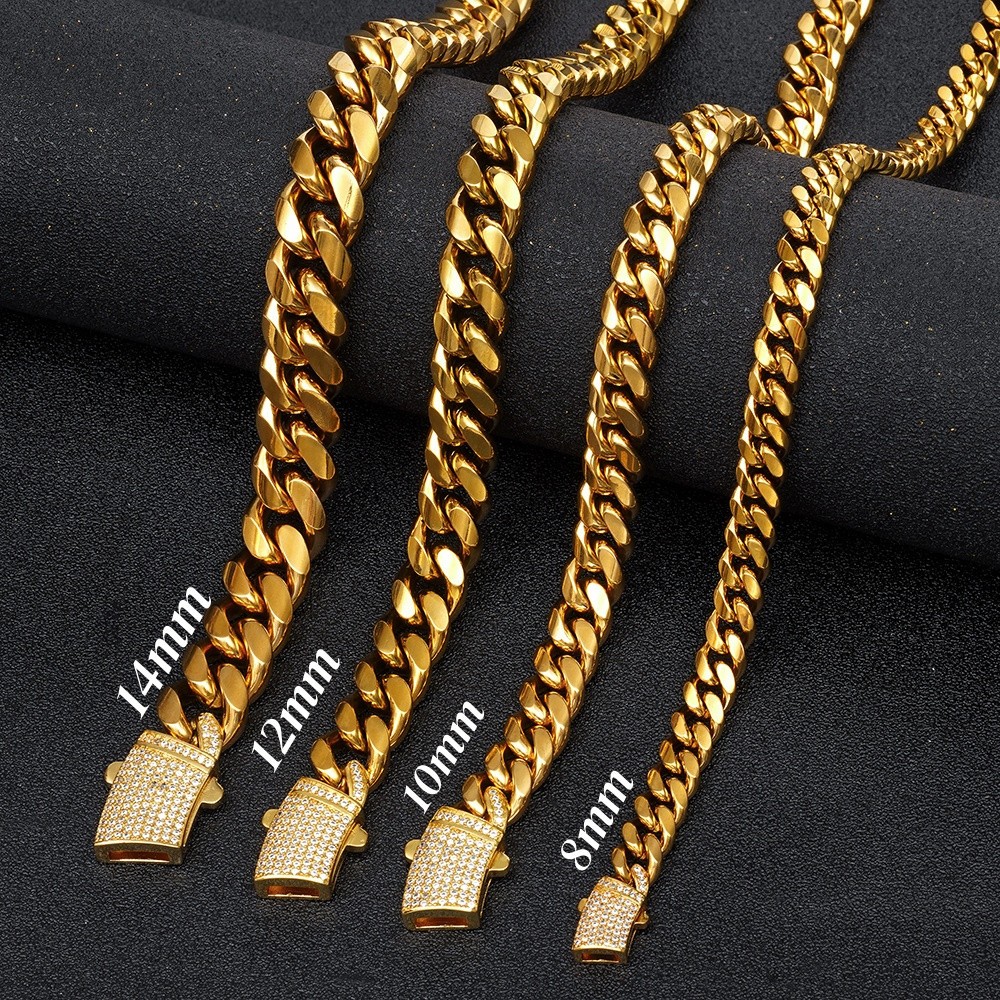 Miami Cuban Link Chain Necklace Bracelet 18k Gold Plated Stainless Steel 8-14mm