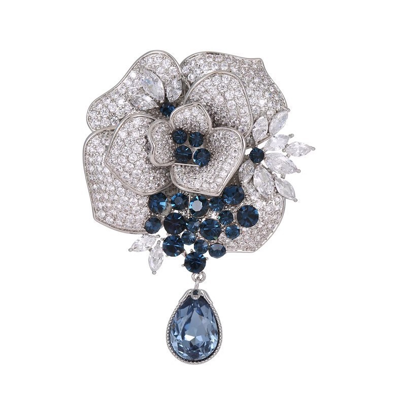 Women Rose Flower Brooch Blue Crystal Rhinestone Pin Elegant Floral Pendant Jewe