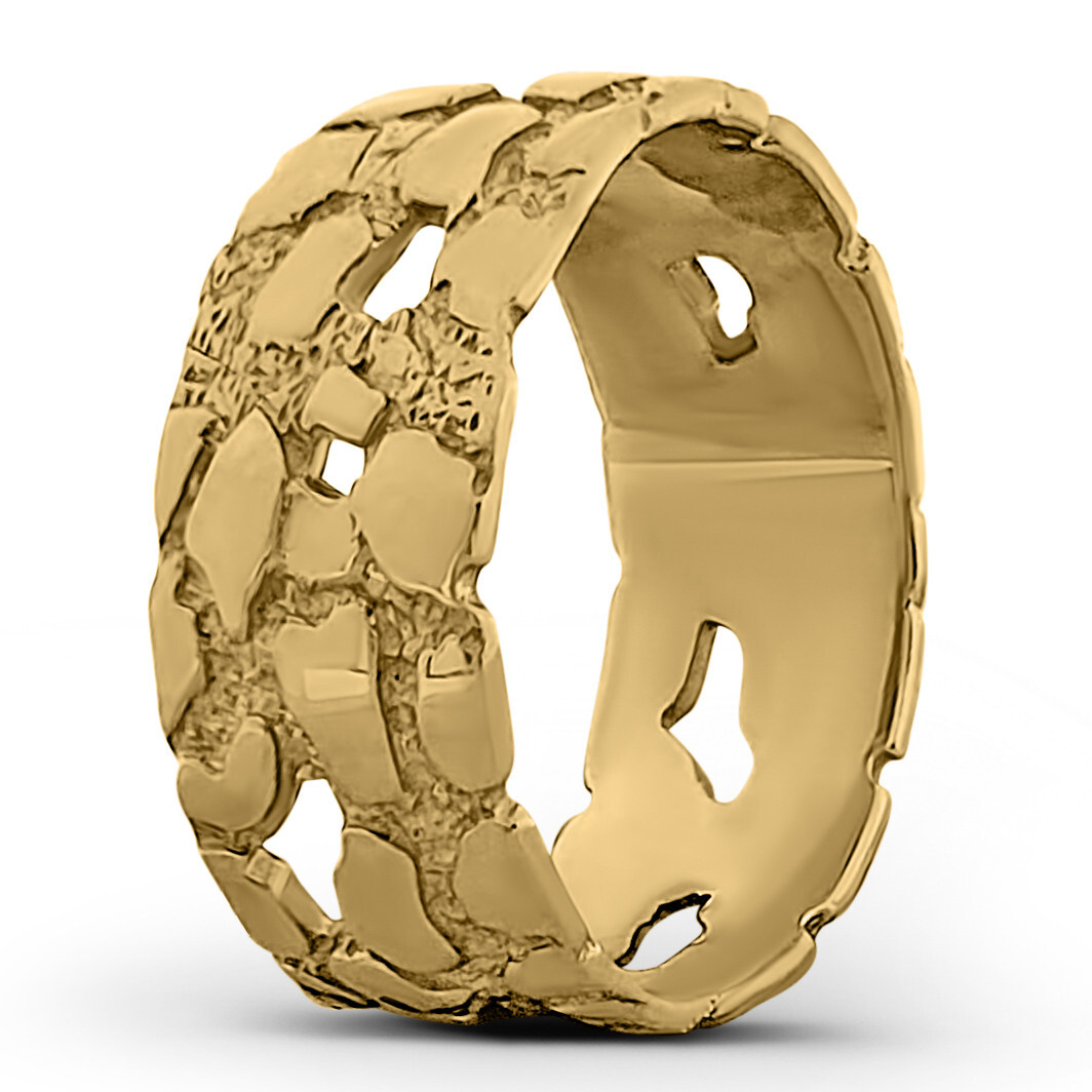 Solid 18K Yellow Gold Mens Nugget Band, 9mm Gold Nugget Ring, Size 5 – 15
