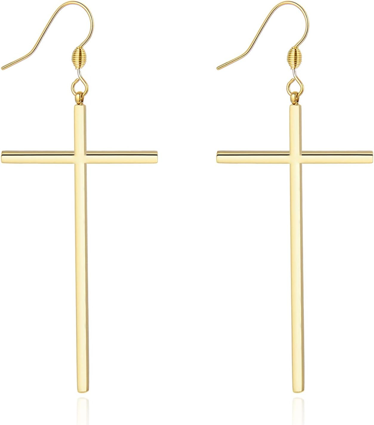 Hypoallergenic Stainless Steel Cross Earrings Long Dangle Minimalist Jewelry for