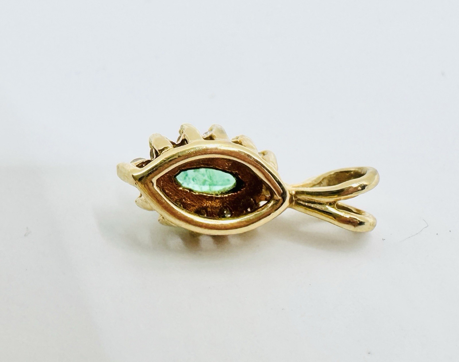 Emerald Pendant 14K Solid Gold, Marquise Cut Emerald & Round Diamonds, 13mm 0.7g