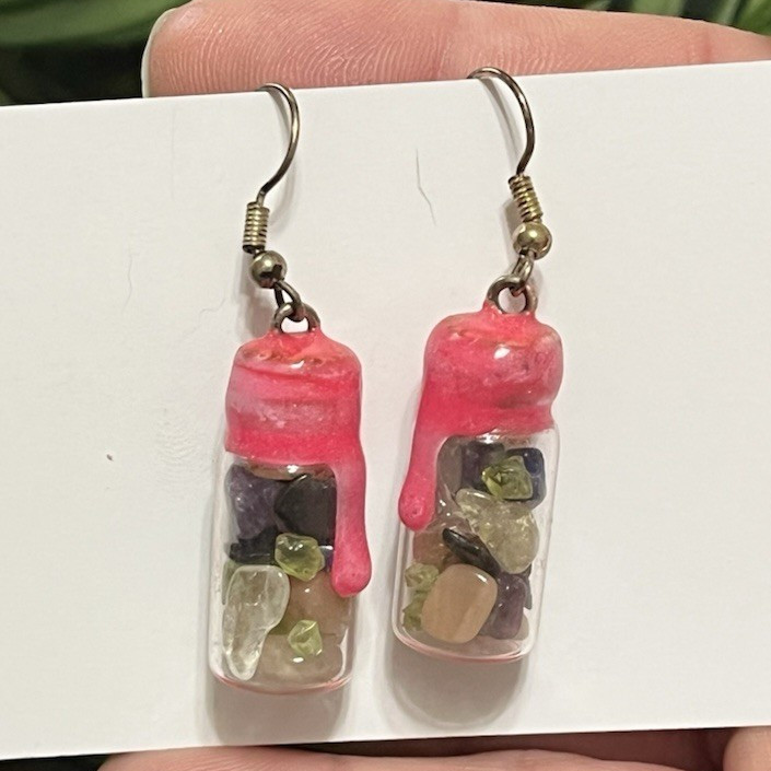 Handmade Mini Gemstone Jar Dangling Earrings