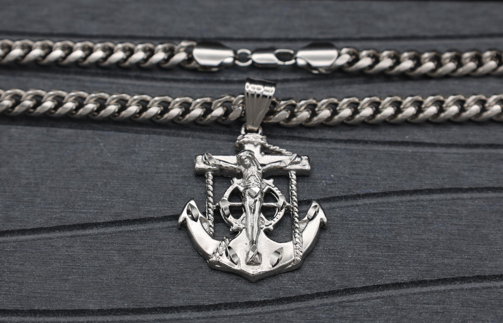Silver Anchor Necklace 7mm Curb Chain Rhodium Plated For Men
