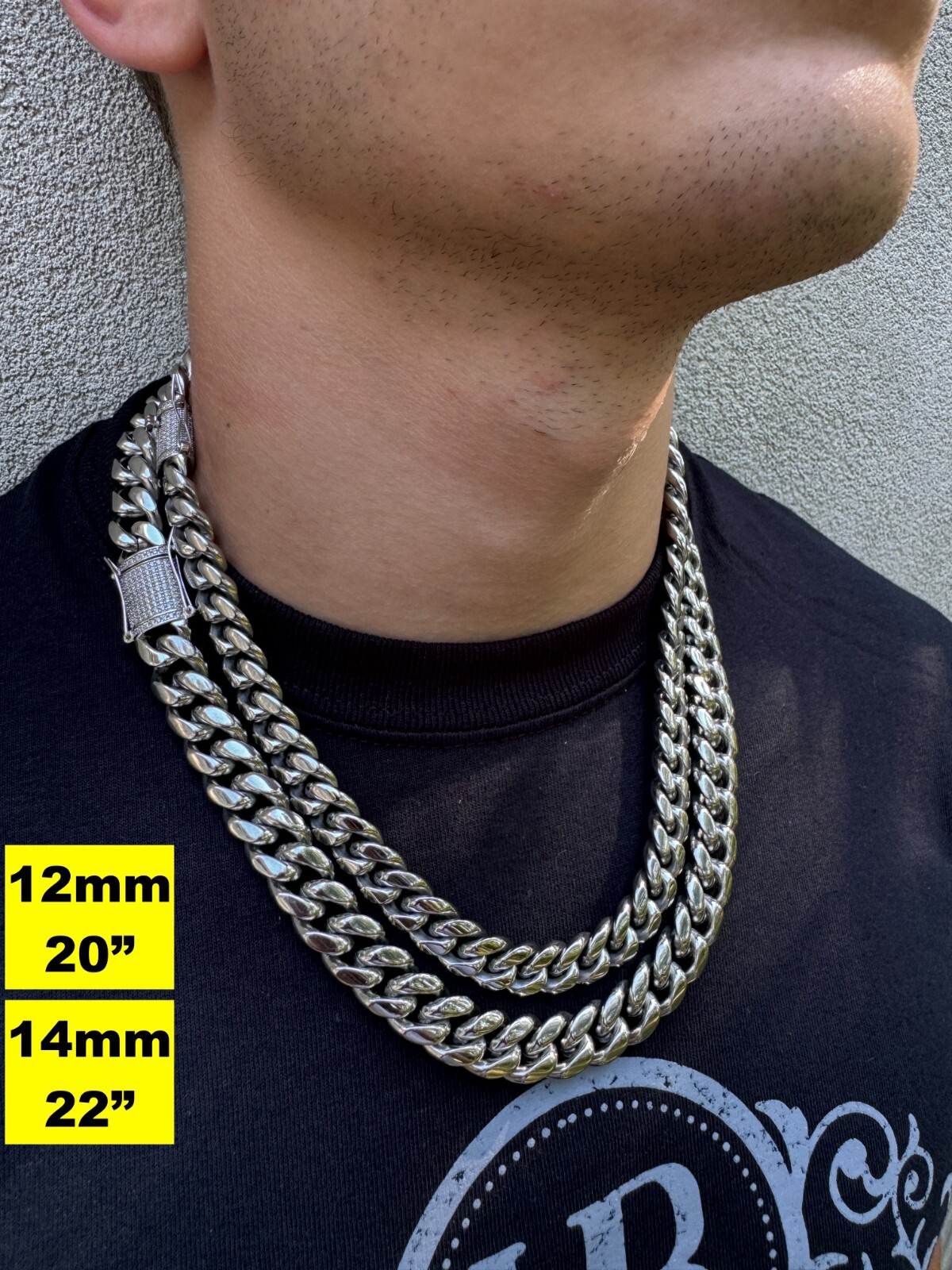 Miami Cuban Link Stainless Steel Chain W. 1ct CZ Iced 925 Silver Clasp 8mm-14mm