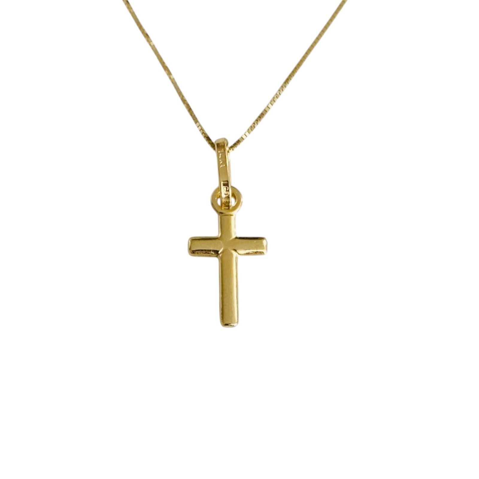 14K Solid Yellow Gold 0.7″ Cross Pendant with 0.5mm Box Chain Necklace – PT142