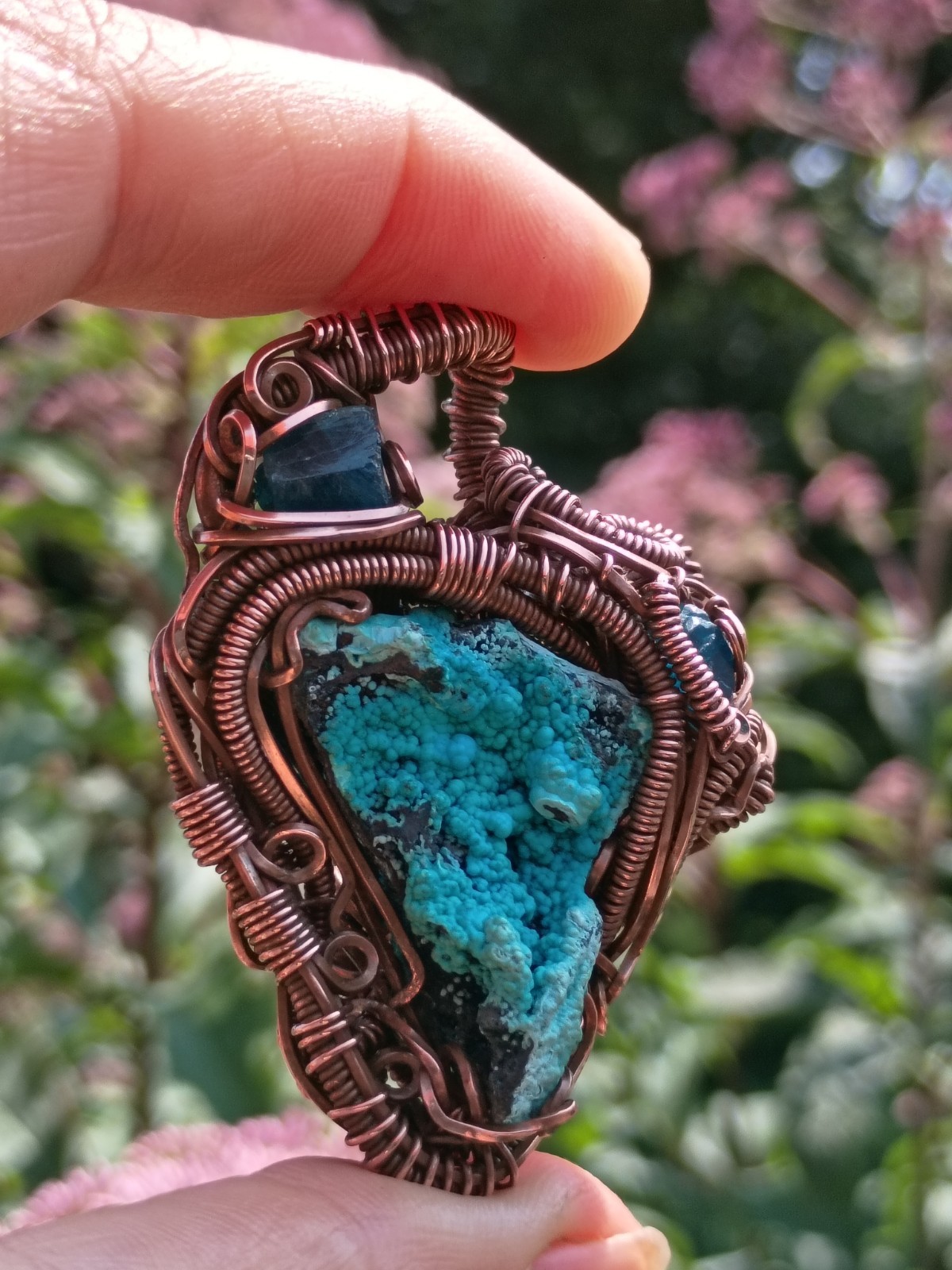 Handcrafted Wire Wrapped Natural Chrysocolla Apatite Copper Amulet Pendant