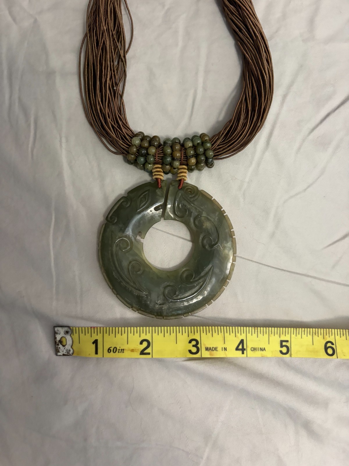 Carved Celadon Jade Bi Disc Statement necklace with Multi-strand Cord