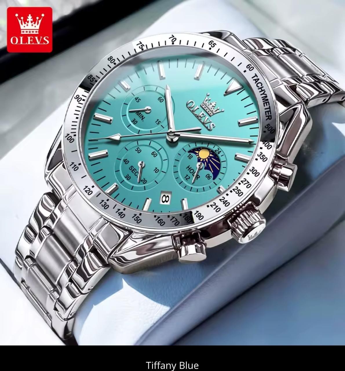 Men’s OLEVS Chronograph Watch – Moon Phase, Tachymeter Bezel, Stainless Steel