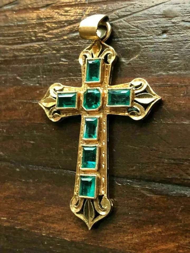 3Ct Emerald Cut Green Emerald Cross Pendant 14k Yellow Gold Finish