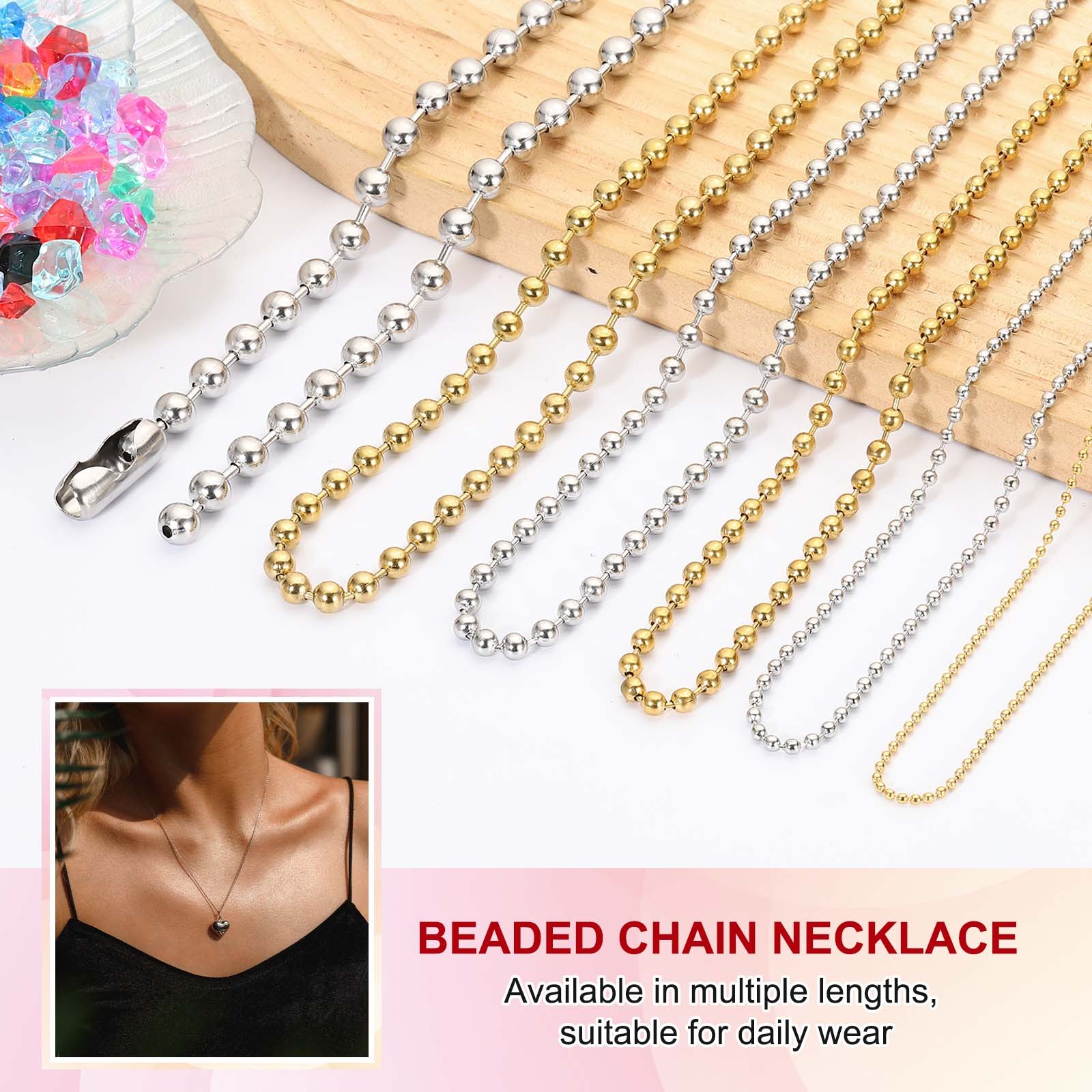 Beaded Chain Necklace, 5 mm Bead Ball, 24 Inch , Gold
