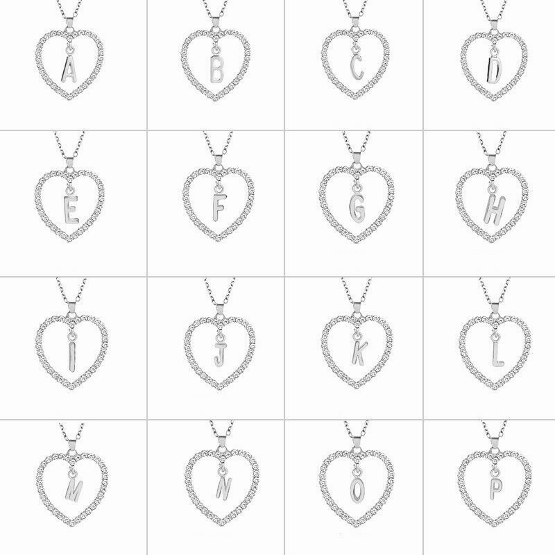 Ladies Silver Love Heart Initial Alphabet Letter Cubic Chain Girls Necklace