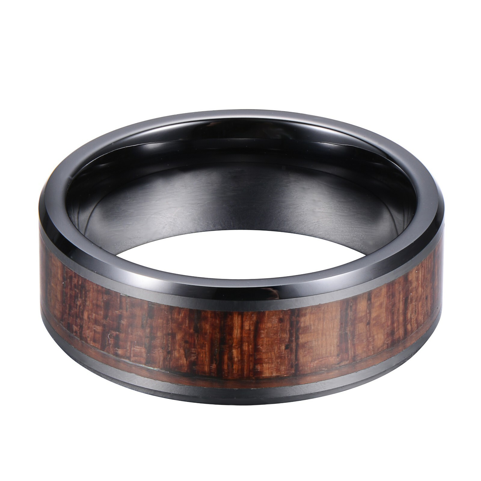 Tungsten Carbide Ring Black Silver Real Koa Wood Inlay Hawaiian Wedding Band